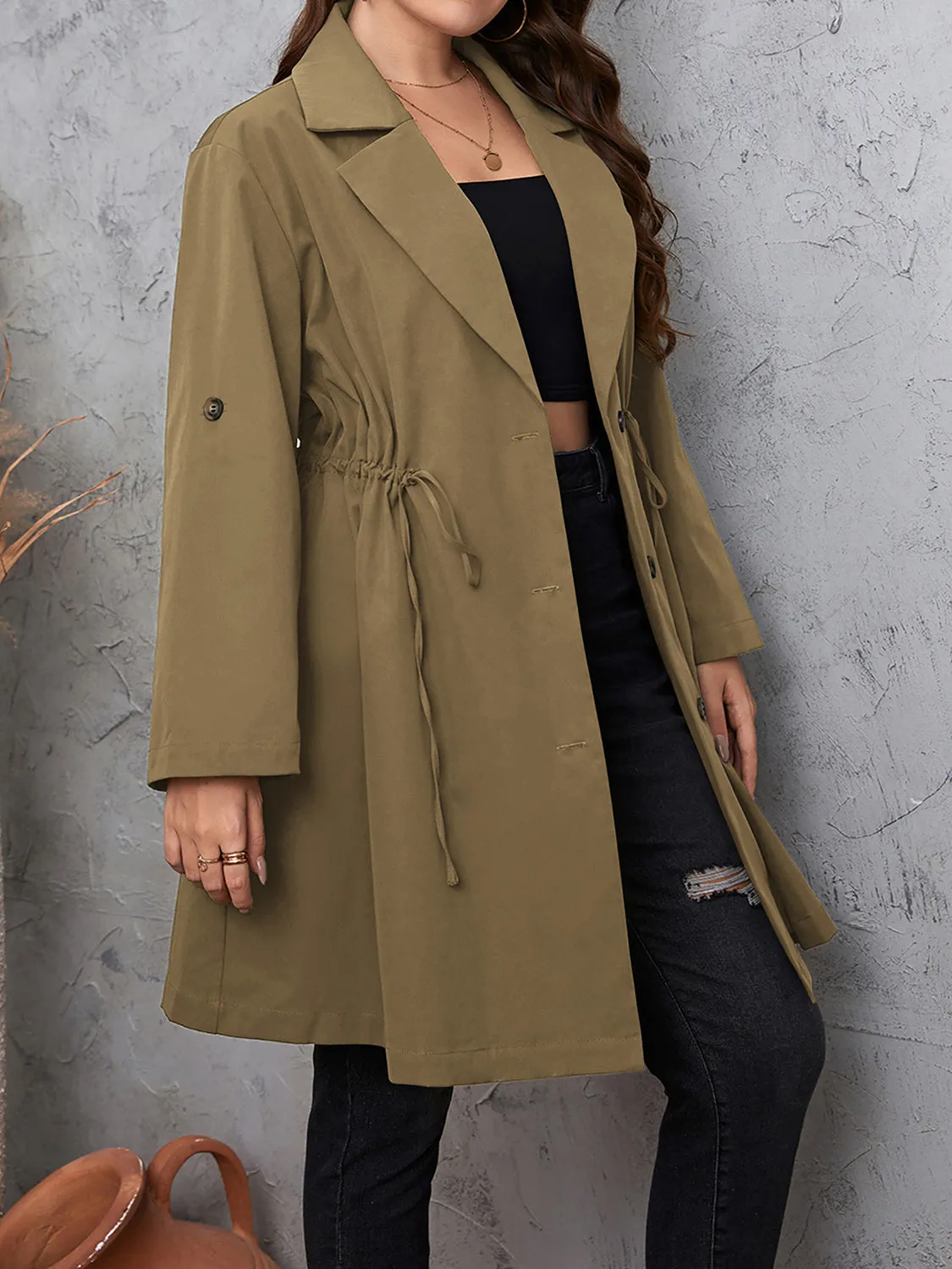 Honey Plus Size Lapel Collar Drawstring Roll-Tab Sleeve Trench Coat