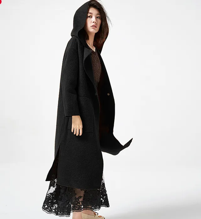 Hooded Wool Coat Handmade Long Warm Long Women Wool Coat Jacket/7800