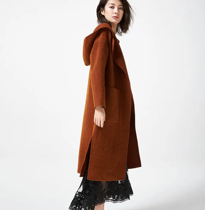 Hooded Wool Coat Handmade Long Warm Long Women Wool Coat Jacket/7800