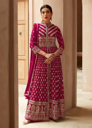 Hot Pink Anarkali Style Front Slit Palazzo Style Suit