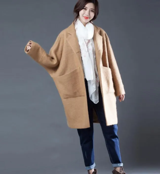 Khaki Women Coat Handmade Bat Sleeve loose Women Wool Coat Jacket