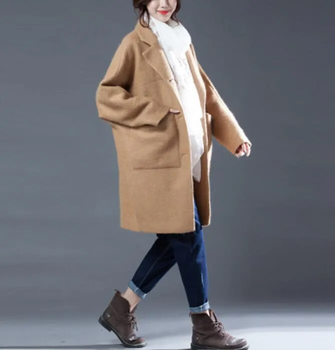 Khaki Women Coat Handmade Bat Sleeve loose Women Wool Coat Jacket