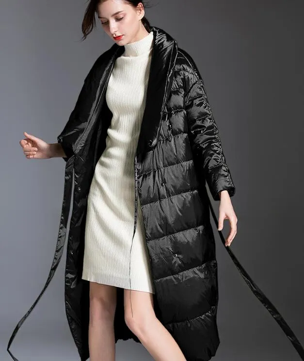 Large Collar Long Women Down Coat Winter Loose 90% Hooded Duck Down Jackets