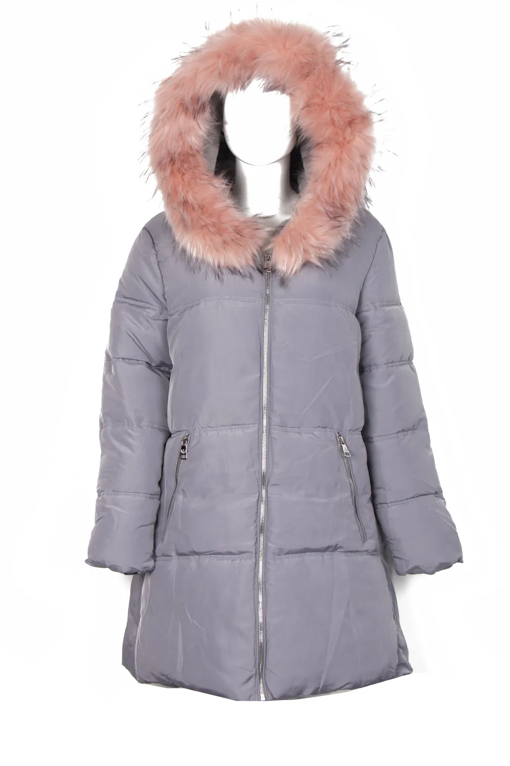 Long Quilted Faux Fur Hooded Coat