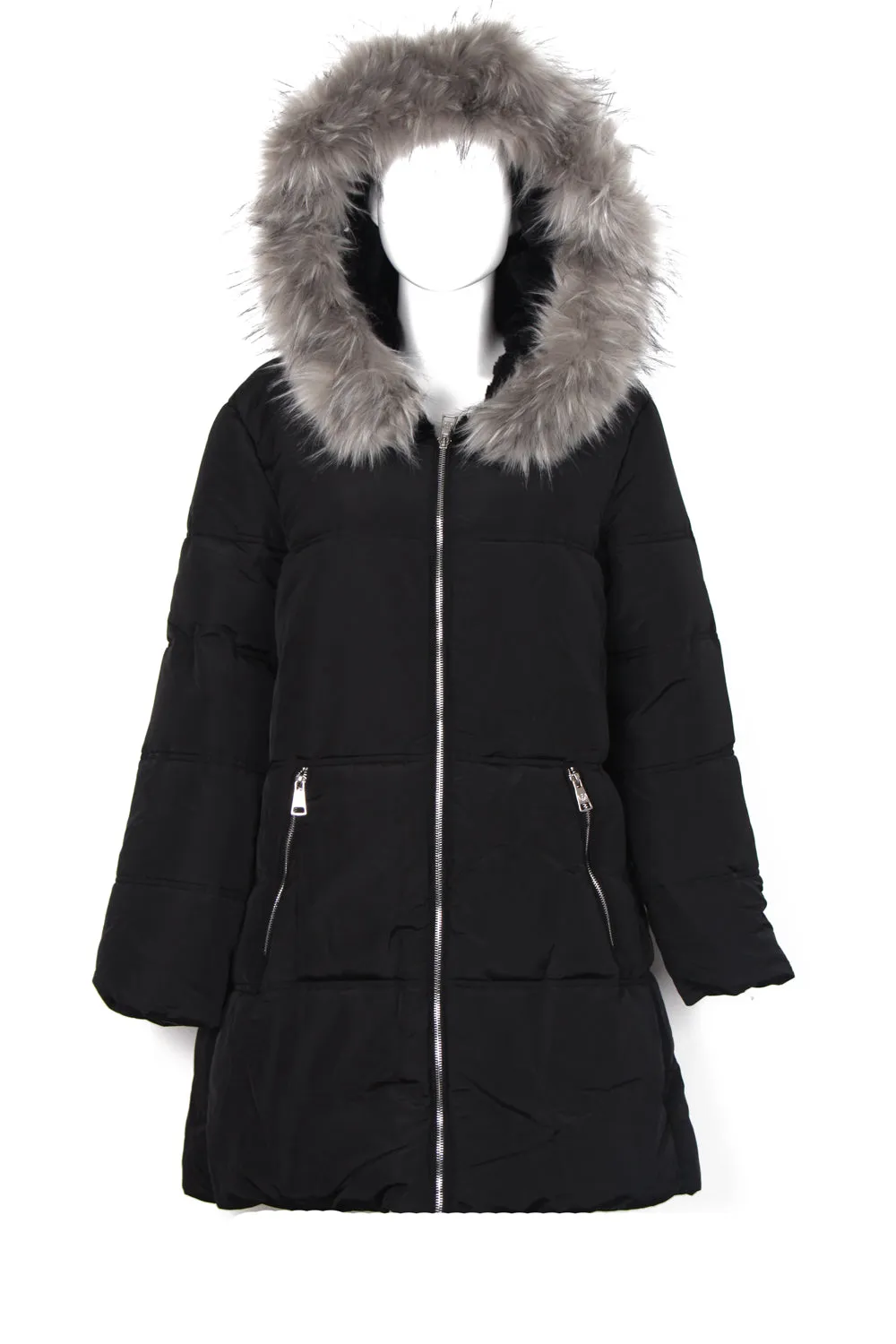 Long Quilted Faux Fur Hooded Coat