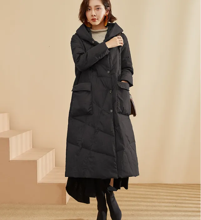 Long Winter Duck Down Jacket, Hooded Down Jacket Women Coat