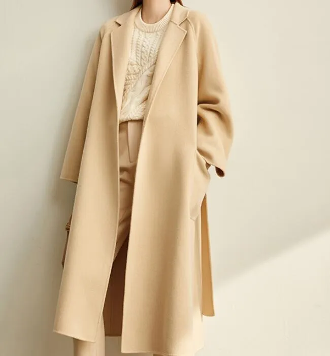 Long Women Winter Woolen Coat Long Women Wool Coat Jacket Waist Belt 3002