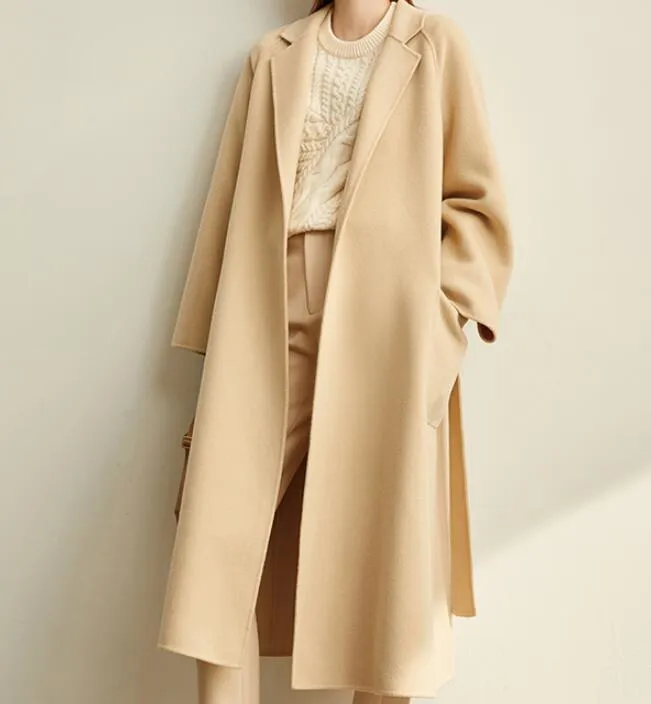 Long Women Winter Woolen Coat Long Women Wool Coat Jacket Waist Belt 3002