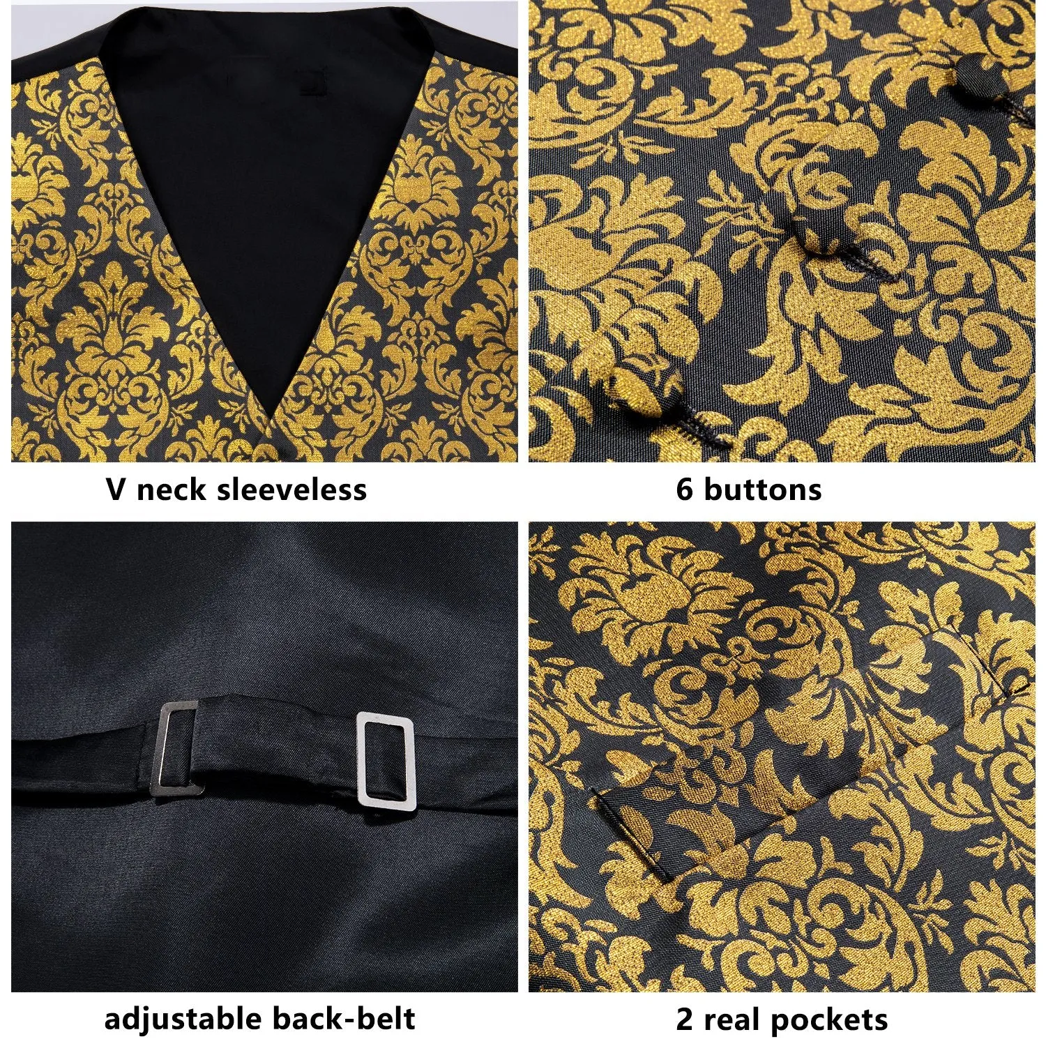 Luxury Black Golden Floral Jacquard Silk Men's Vest Hanky Cufflinks Tie Set Waistcoat Suit Set