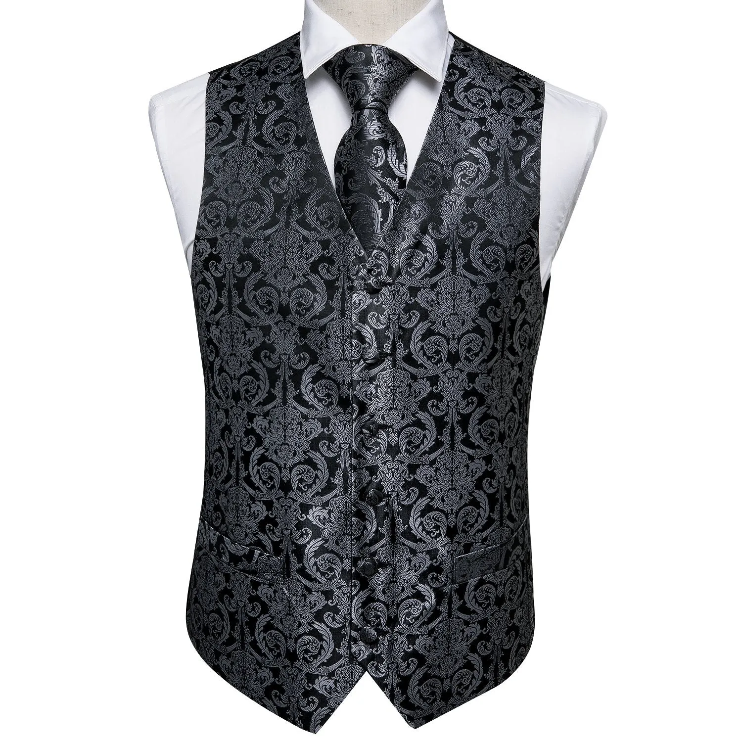 Luxury Black Grey Paisley Vest Tie Set