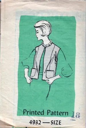 Mail Order Anne Adams 4932 Vintage 1960's Sewing Pattern Ladies Vest Sleeveless Jacket