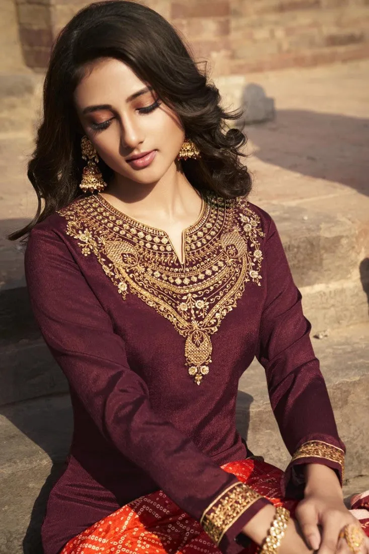 Maroon Chiffon Embroidered Festive Palazzo Suit