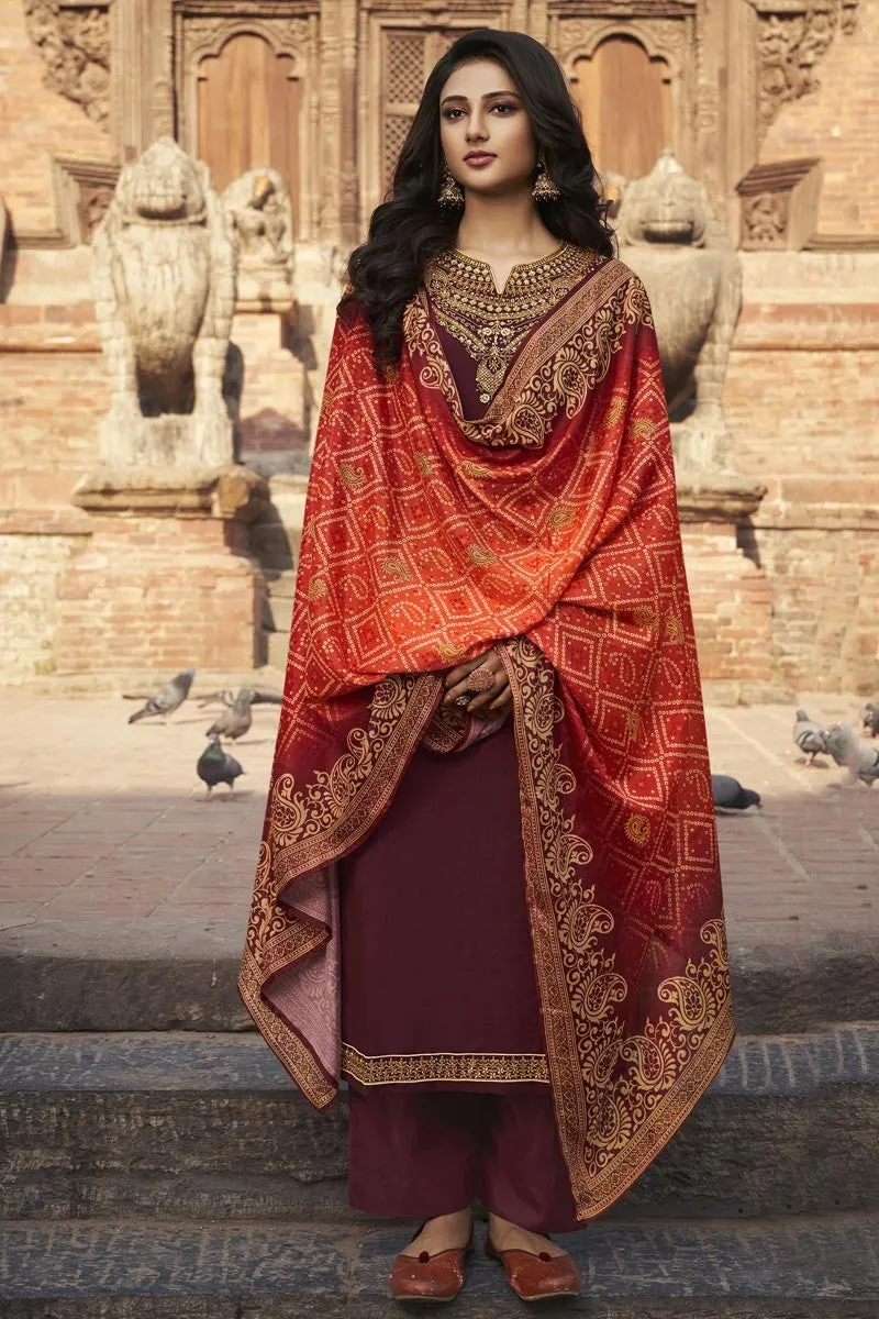 Maroon Chiffon Embroidered Festive Palazzo Suit