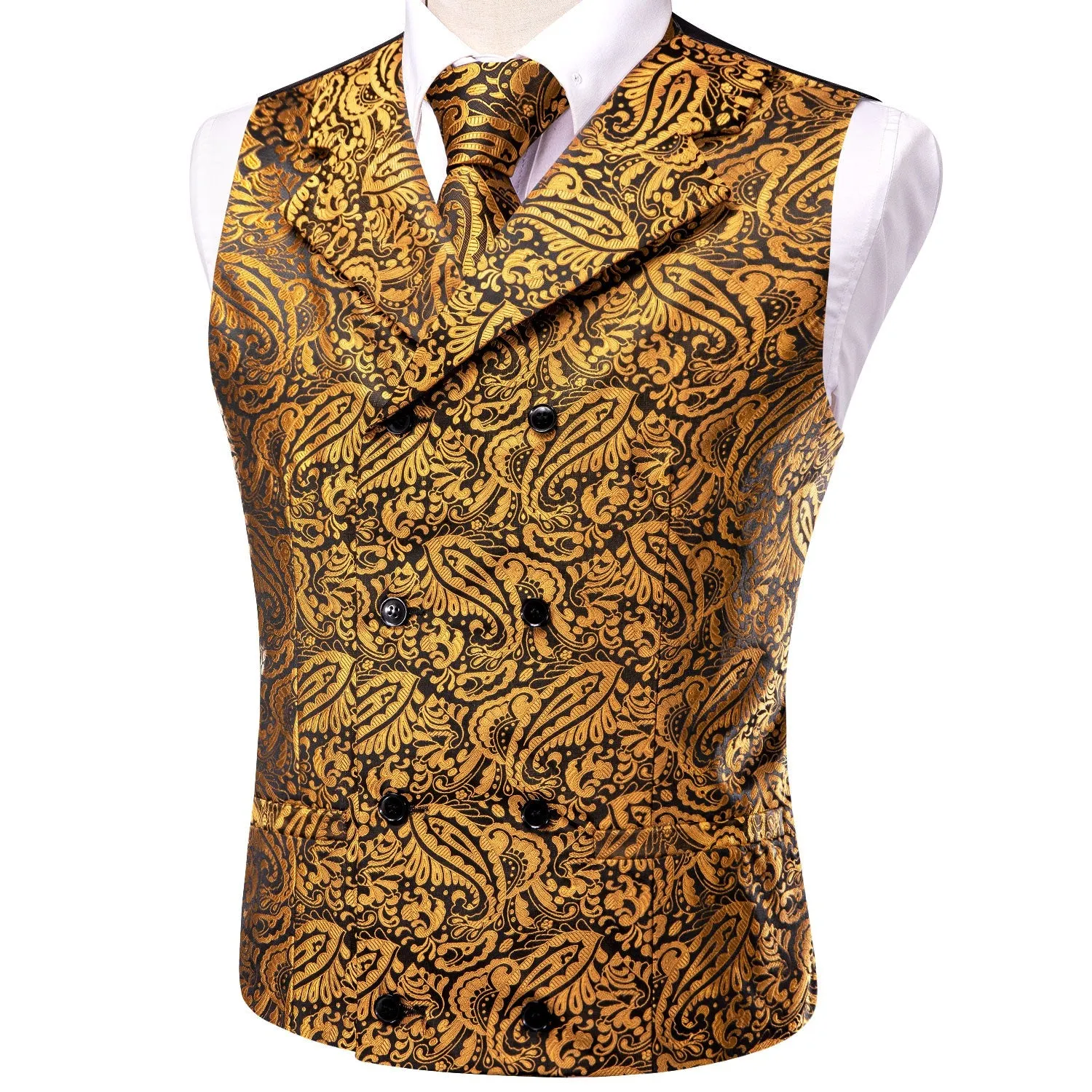 Medallion Yellow Black Paisley Jacquard Silk Men's Vest Hanky Cufflinks Tie Set