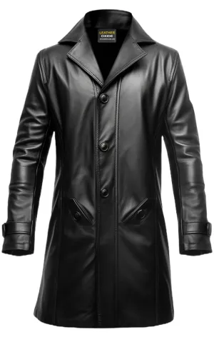 Men 3 Button Long Leather Coat