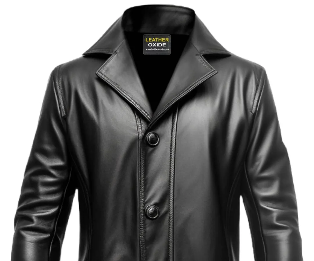 Men 3 Button Long Leather Coat