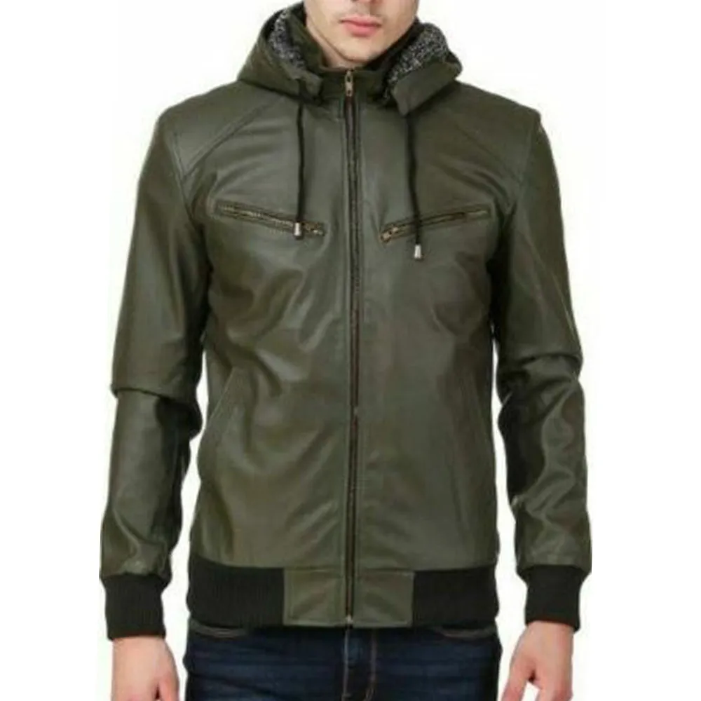 Men Zipper Green Leather Jacket