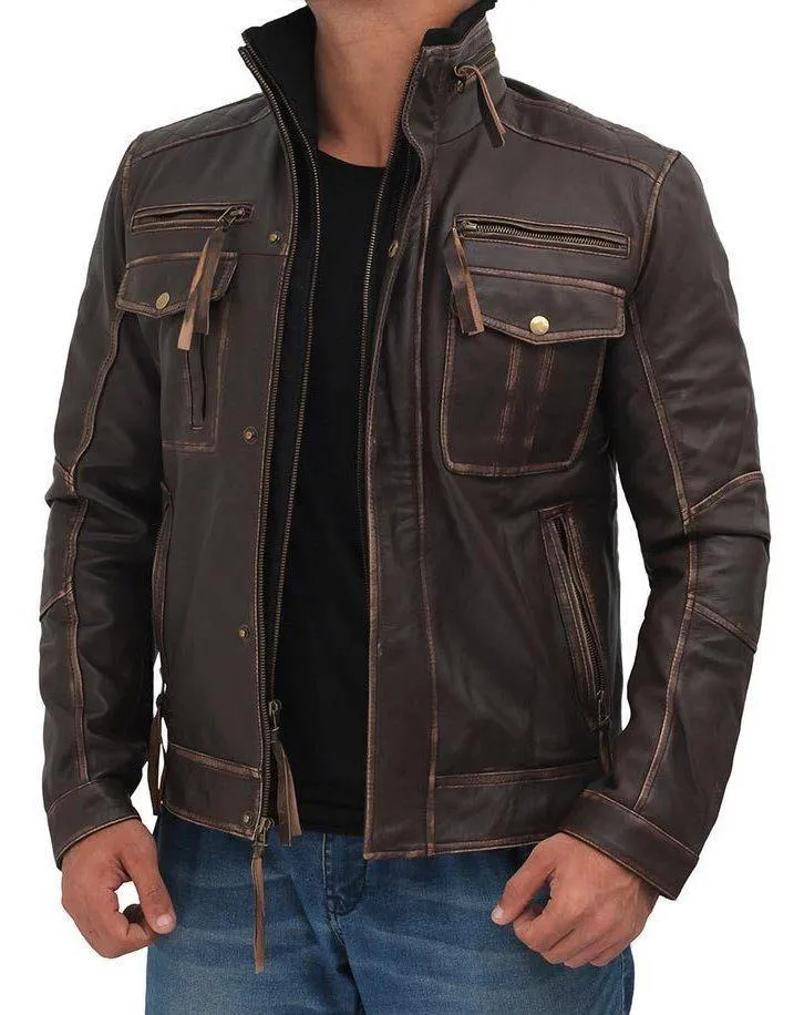 Men's Dark Brown Distressed Lambskin Leather Jacket with Six Pockets