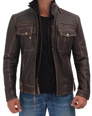 Men's Dark Brown Distressed Lambskin Leather Jacket with Six Pockets