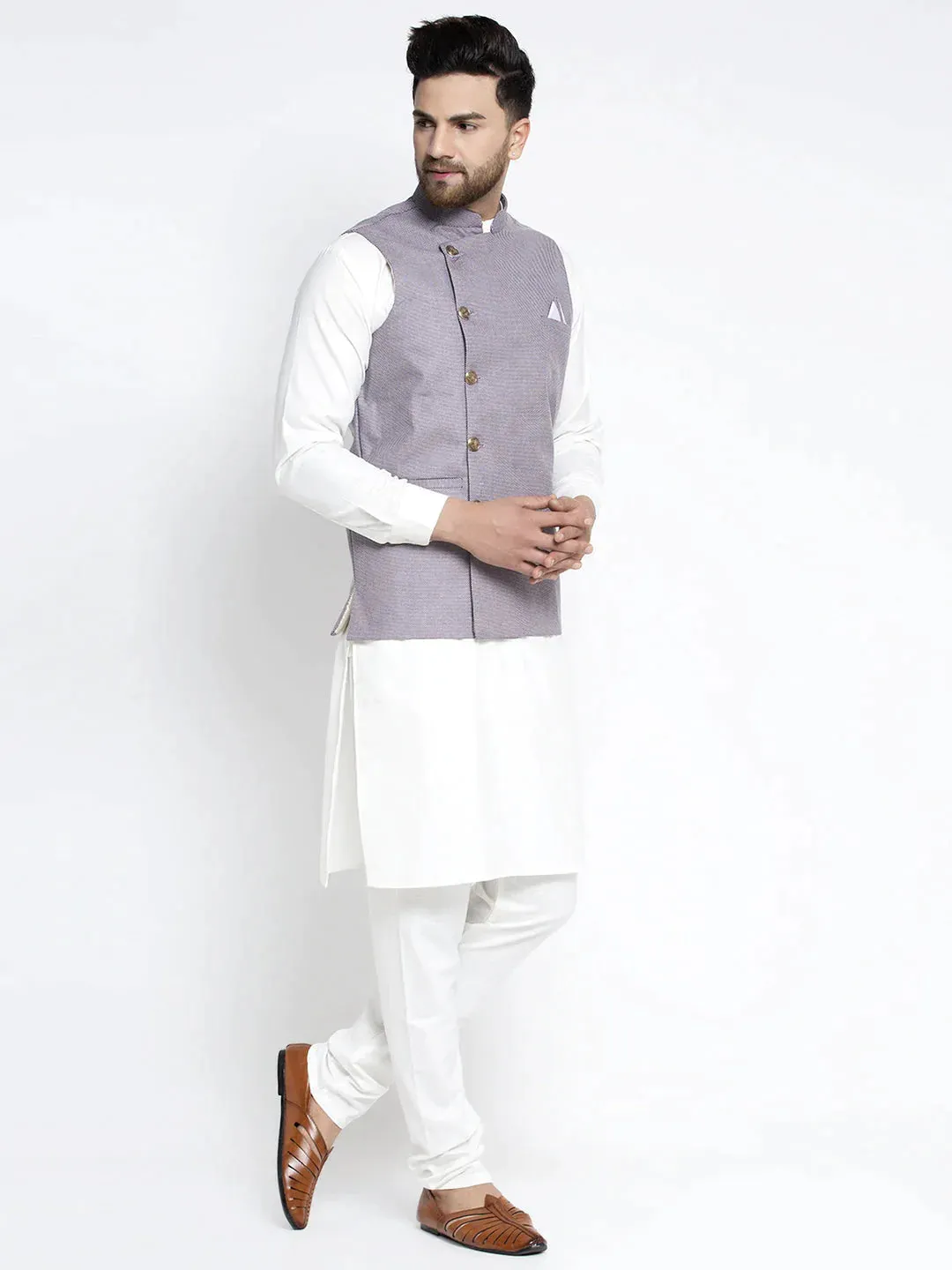 Men'S Solid White Cotton Kurta Payjama With Geometric Waistcoat