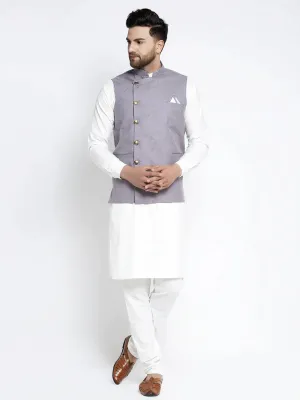 Men'S Solid White Cotton Kurta Payjama With Geometric Waistcoat