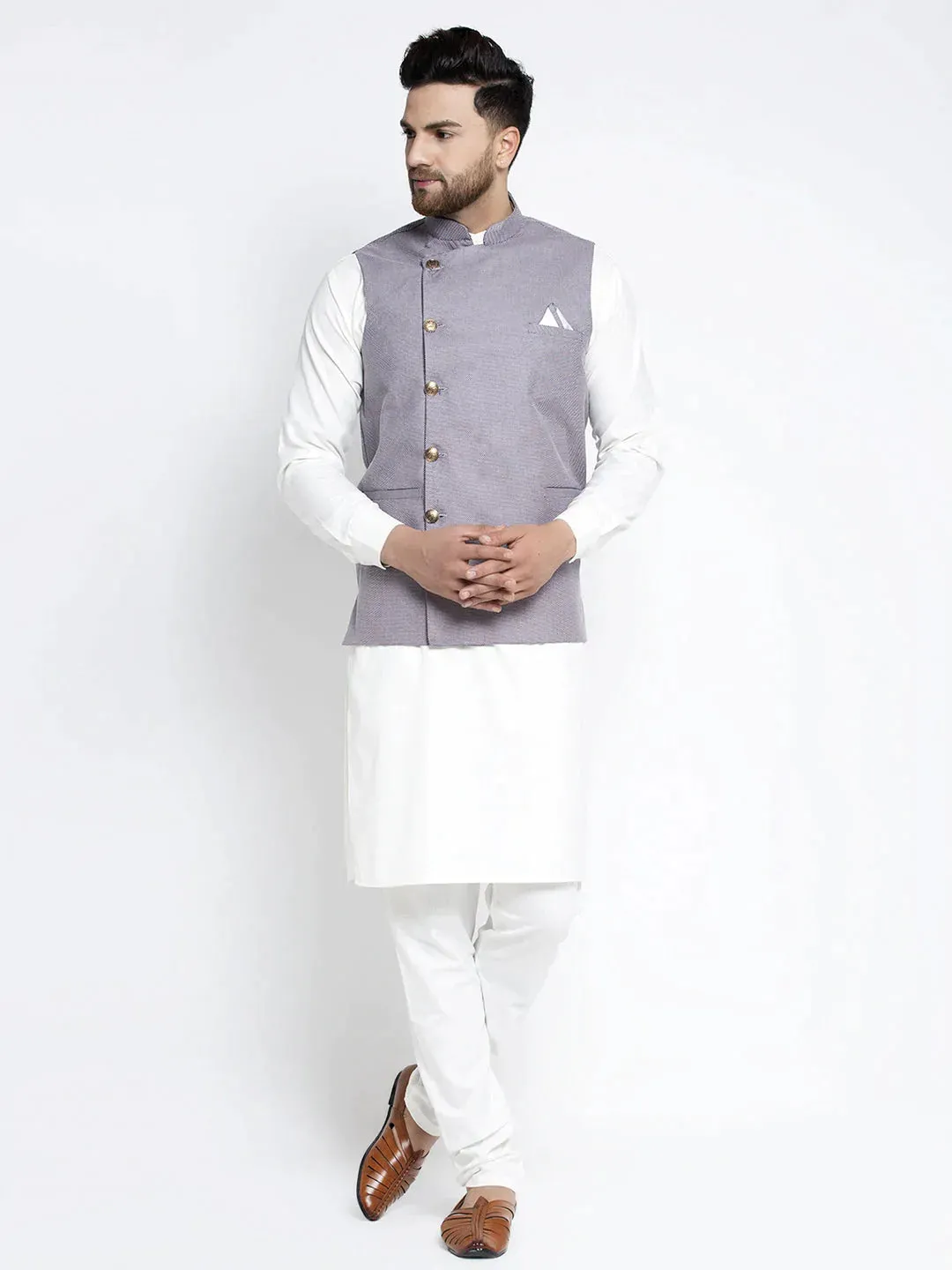 Men'S Solid White Cotton Kurta Payjama With Geometric Waistcoat