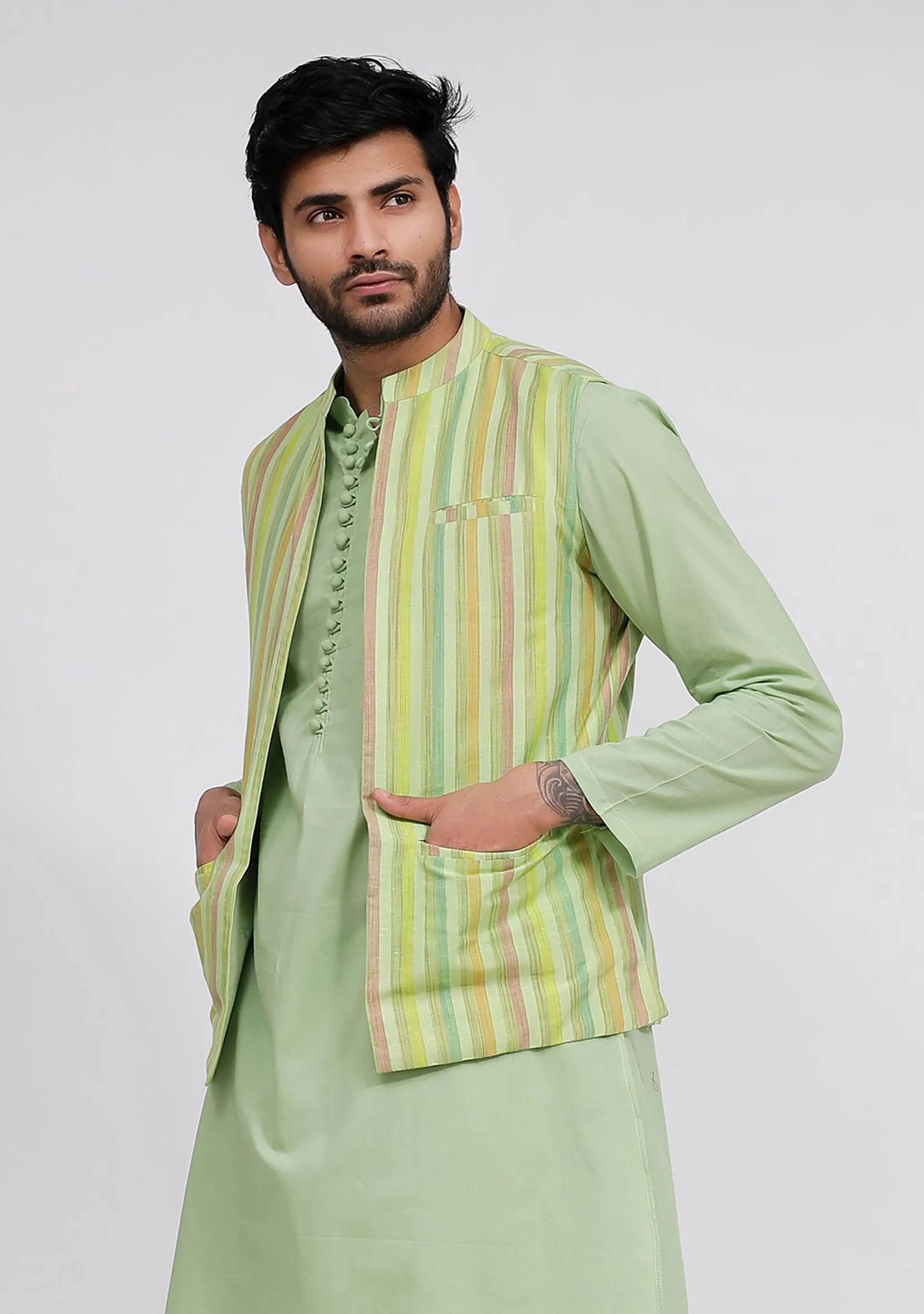 Mint Green Stripe Nehru Jacket