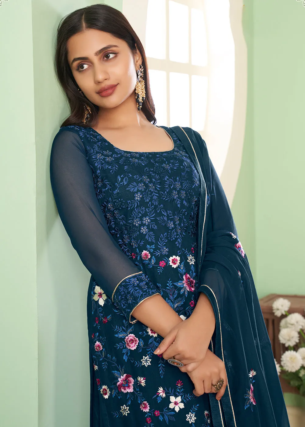 Multi Thread Prussian Blue Georgette Palazzo Salwar Suit