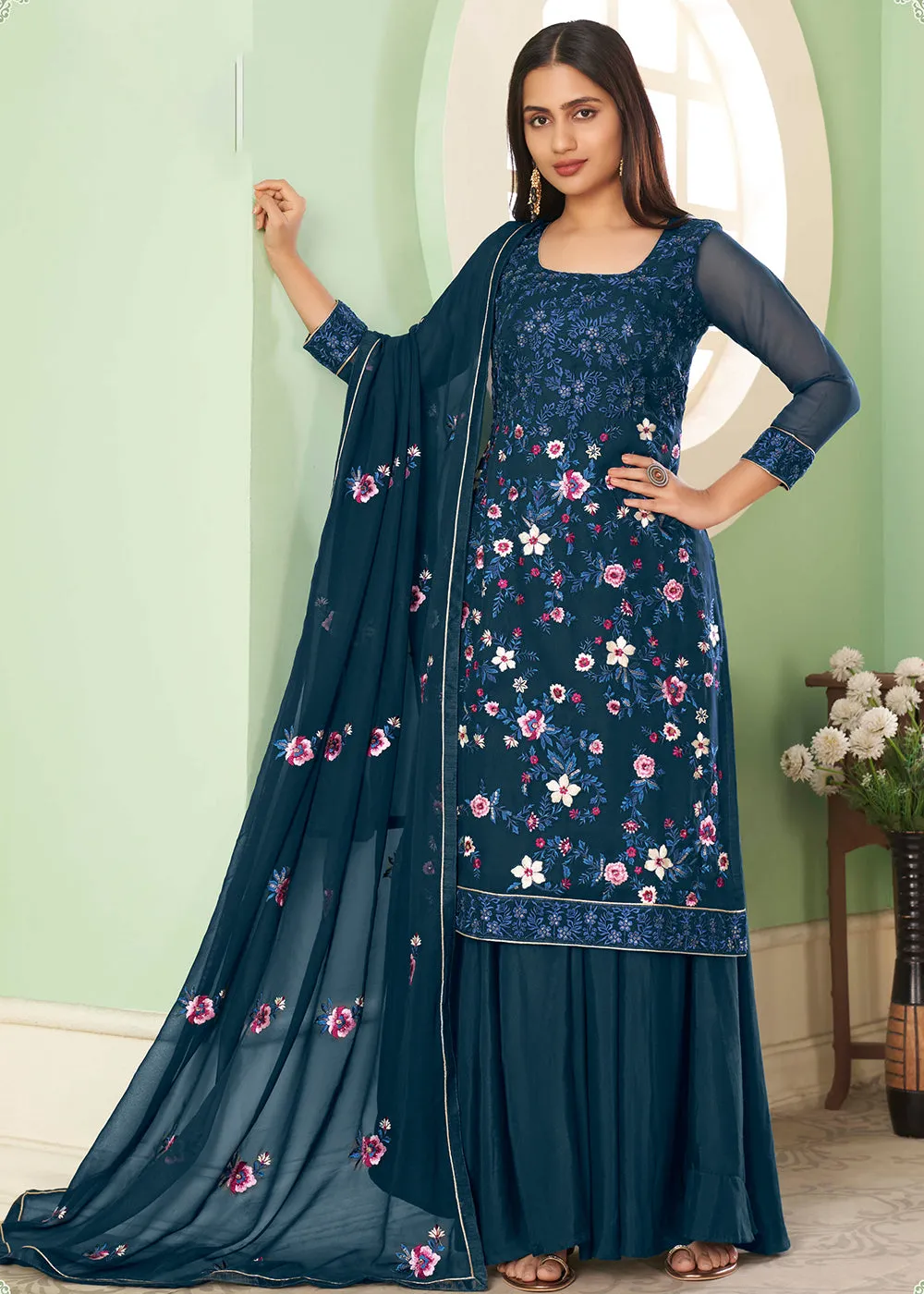 Multi Thread Prussian Blue Georgette Palazzo Salwar Suit