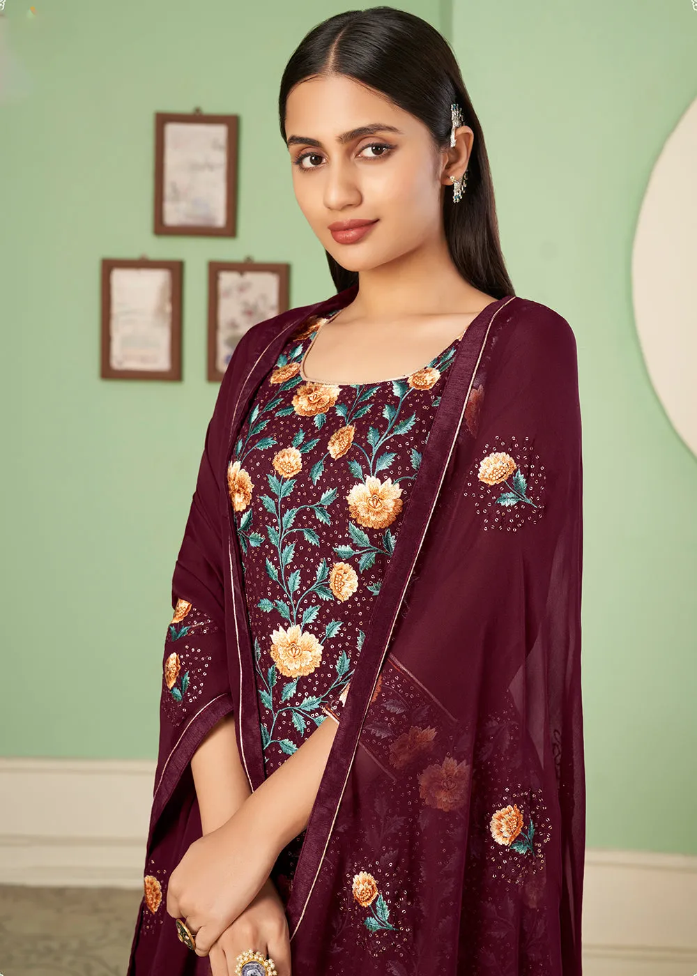 Multi Thread Wonderful Maroon Georgette Palazzo Salwar Suit