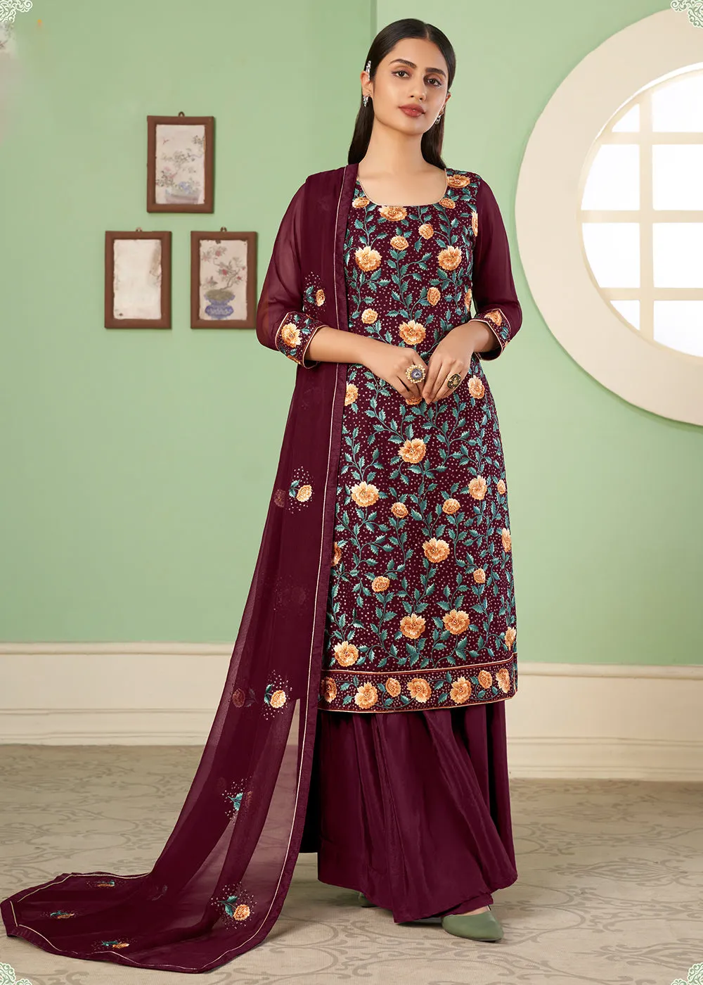 Multi Thread Wonderful Maroon Georgette Palazzo Salwar Suit