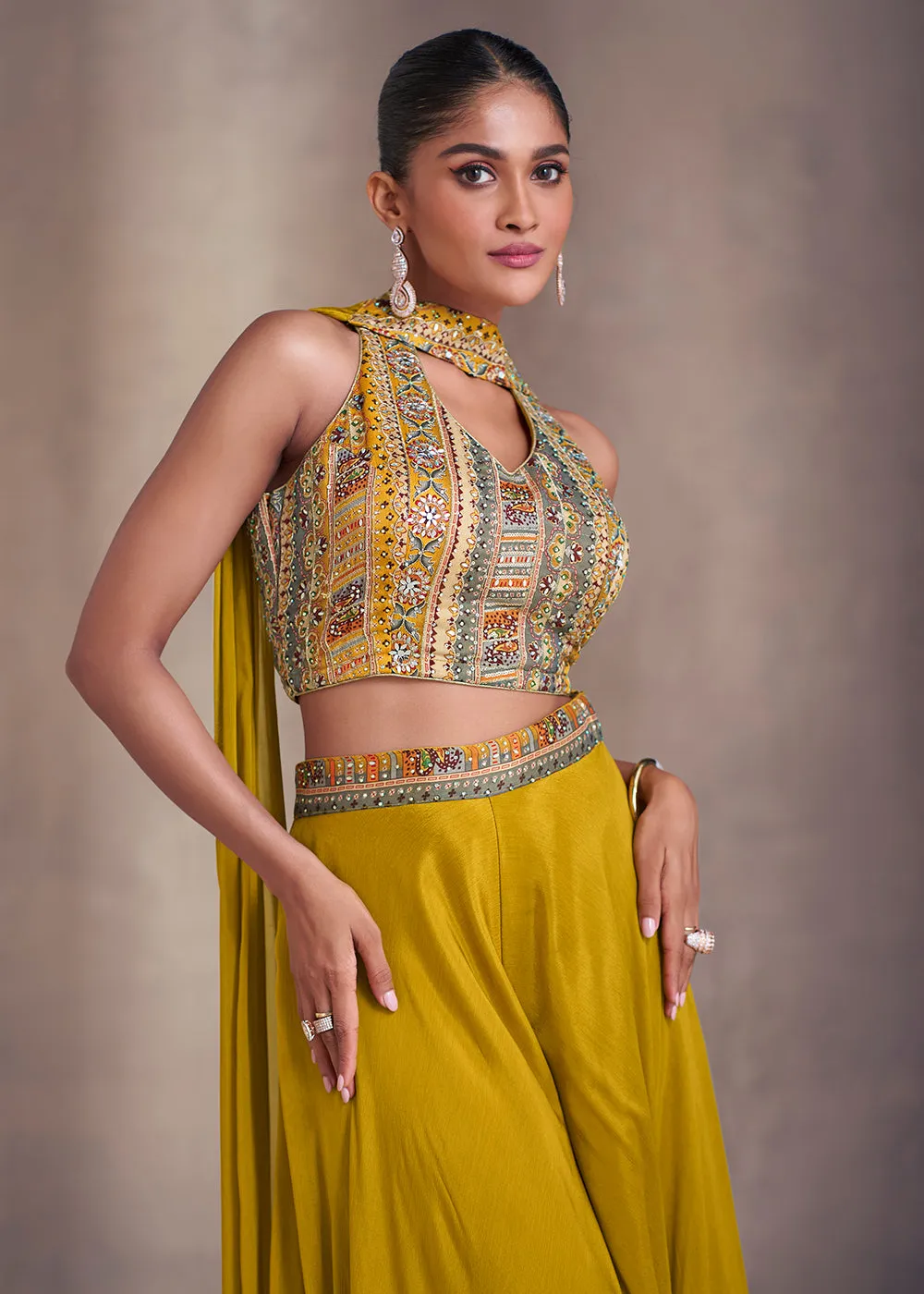 Mustard Real Chinnon Indo Western Palazzo Suit