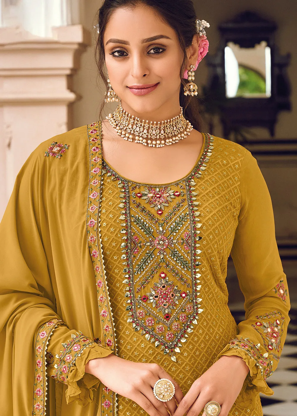 Mustard Yellow Embroidered Georgette Ceremonial Salwar Kameez