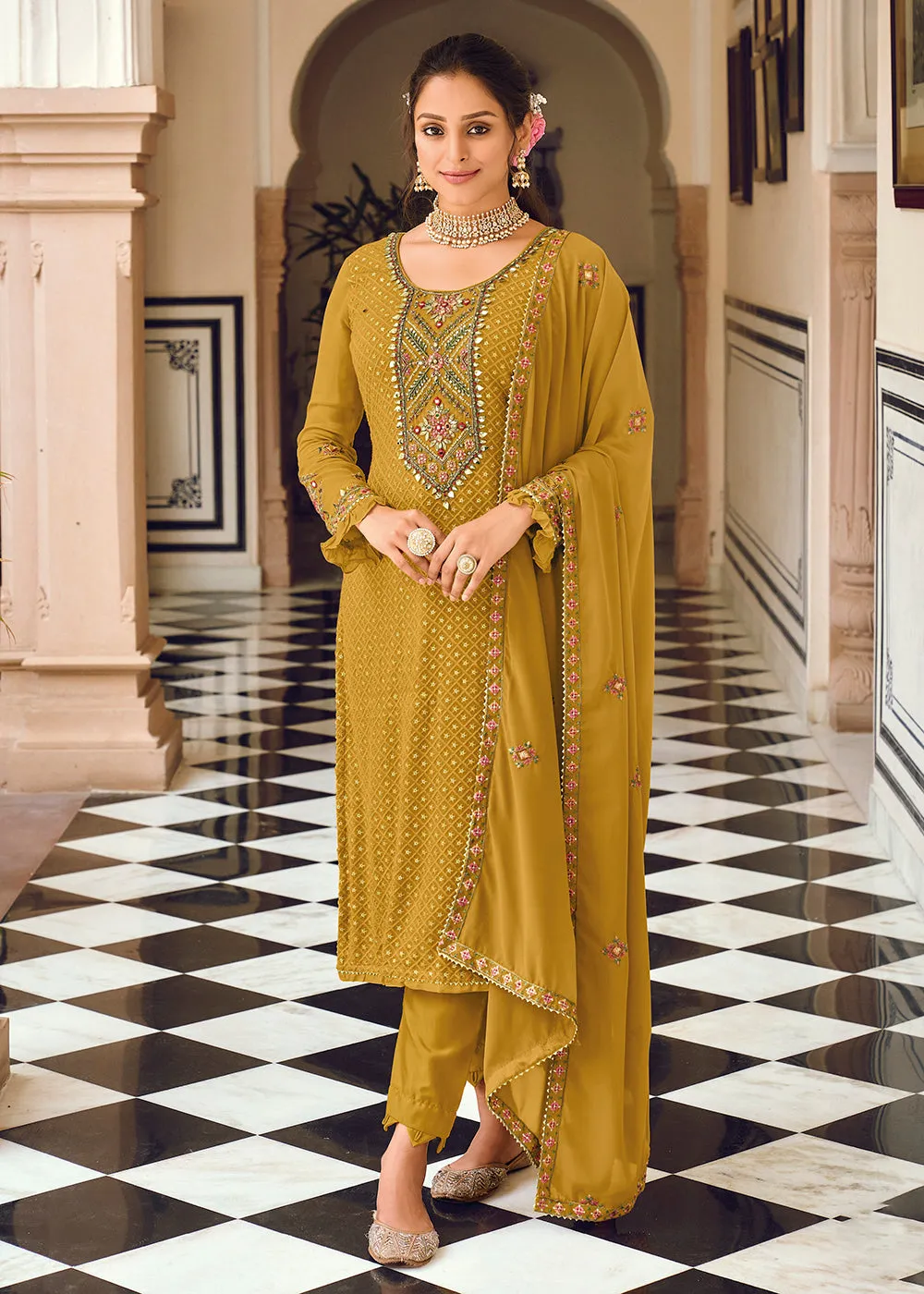 Mustard Yellow Embroidered Georgette Ceremonial Salwar Kameez