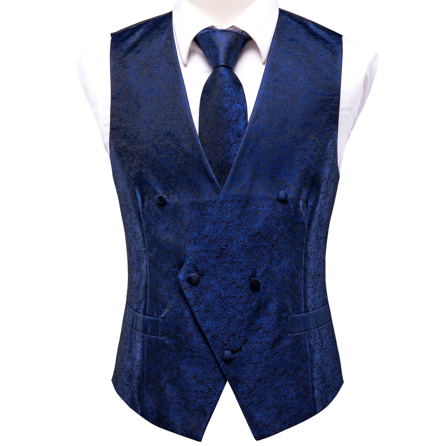 Navy Blue Floral Silk Men's Vest Hanky Cufflinks Tie Set Waistcoat Suit Set