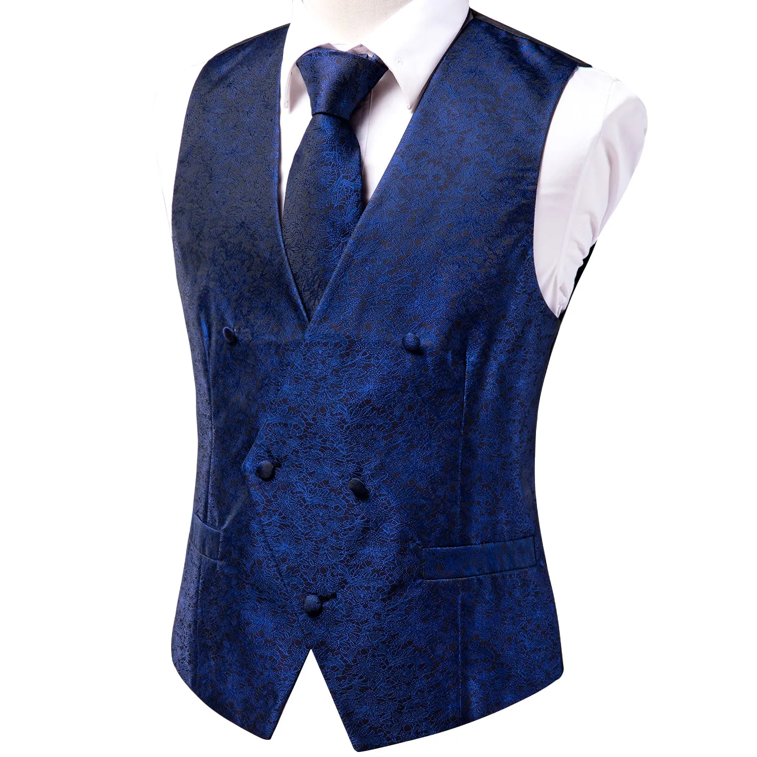 Navy Blue Floral Silk Men's Vest Hanky Cufflinks Tie Set Waistcoat Suit Set