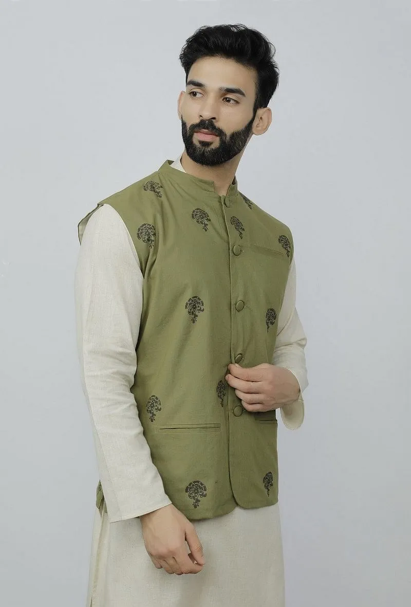 Olive Green Cotton Nehru Block Print Jacket