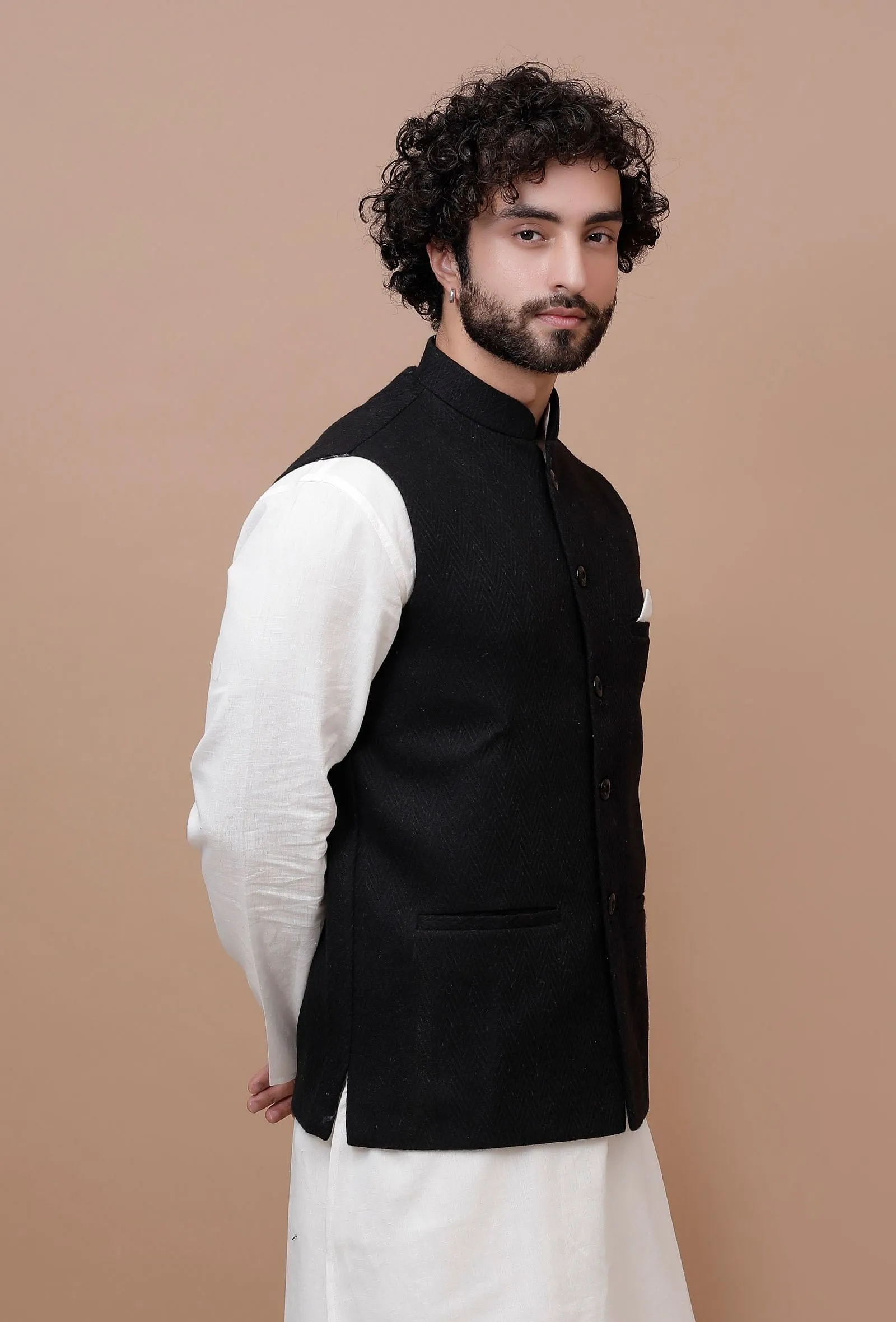 Onyx Black Check Woollen Nehru Jacket