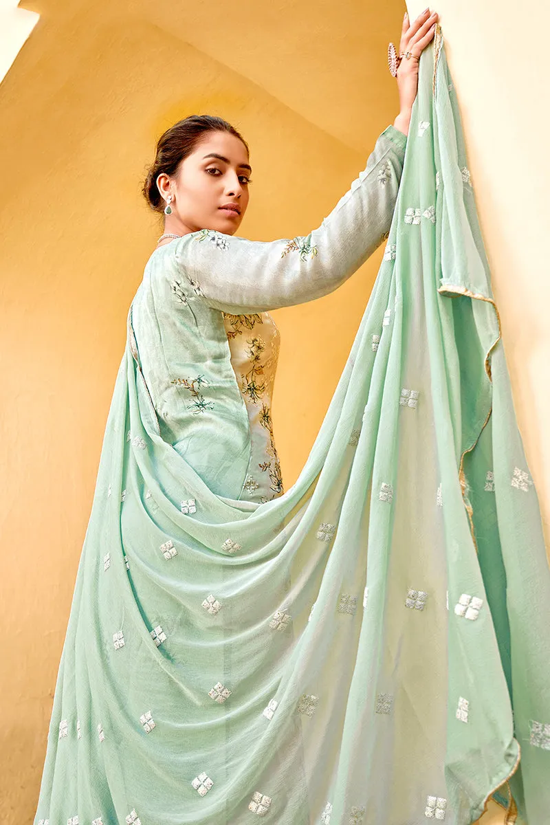 Pant Style Green & Cream Embroidered Pure Viscose Suit