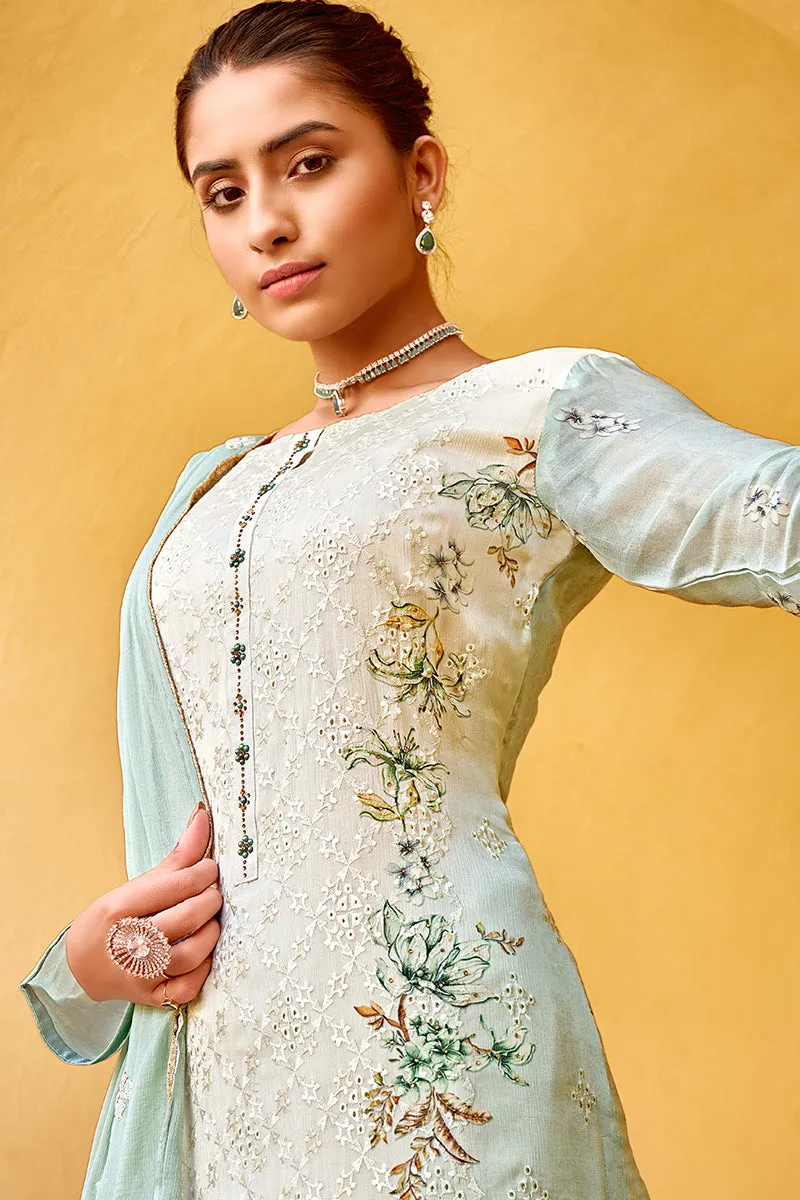 Pant Style Green & Cream Embroidered Pure Viscose Suit