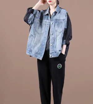 Patchwork Short Washed Denim Women Autumn Casual Coat Loose Jacket Plus Size