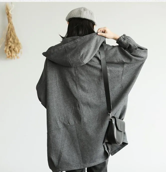 Plus Size Loose Hooded Bat Sleeve Casual Coat Parka Coat Jacket Fleece Tunic