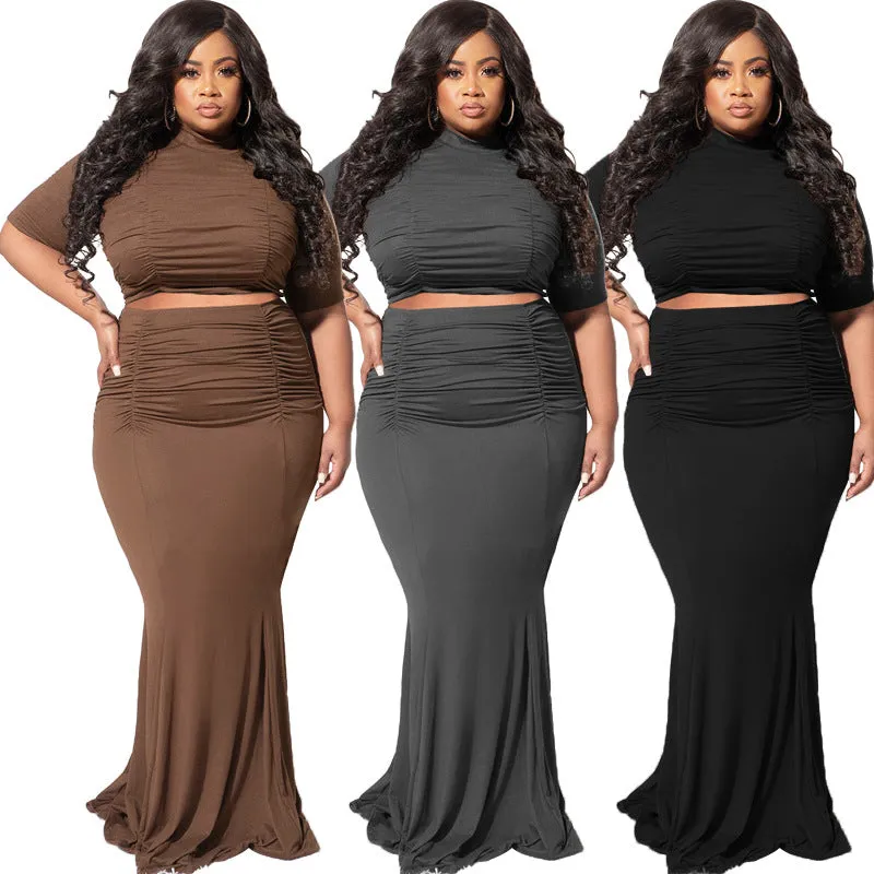 Plus Size Solid Color Short Sleeve Casual Two-Piece Suit Women Suit