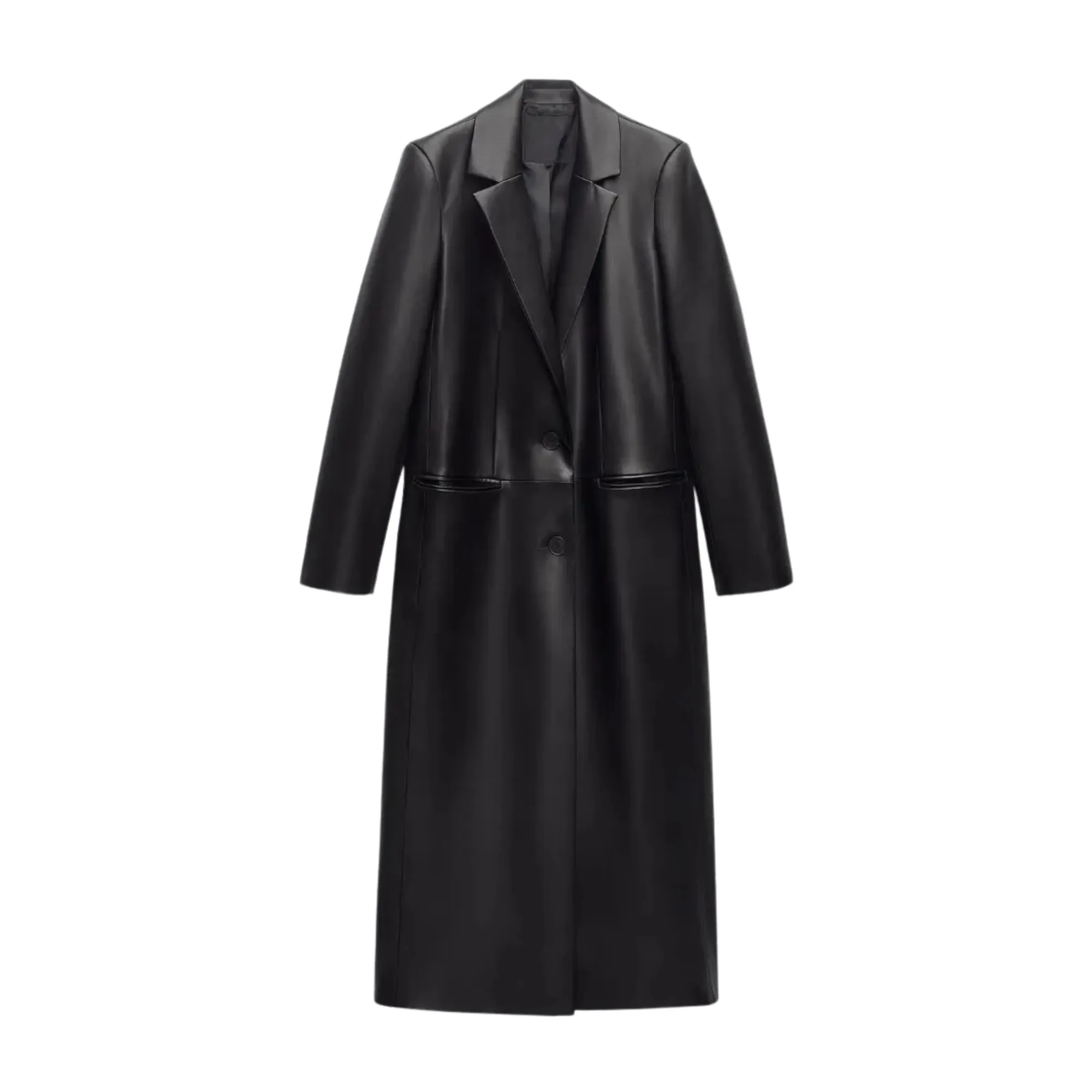 Pre Order:  Black Faux Leather Single-Breasted Turn-Down-Collar Trench Coat