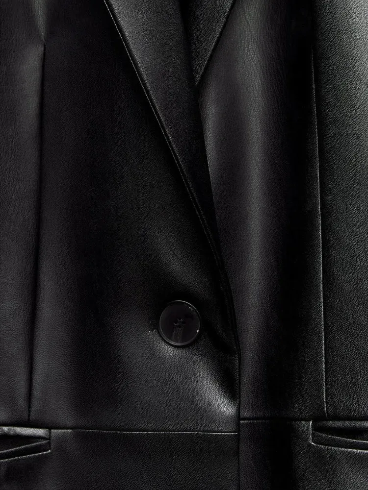 Pre Order:  Black Faux Leather Single-Breasted Turn-Down-Collar Trench Coat