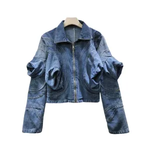 Pre Order:  Casual Puff Sleeve Zip Denim Jacket