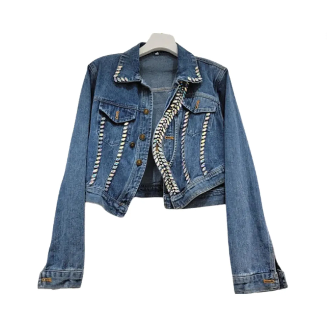 Pre Order:  Denim Splicing Asymmetry Crystal Single Breasted Jacket