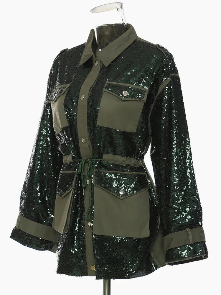 Pre Order:  Spliced Sequins Drawstring Waist Loose Jacket