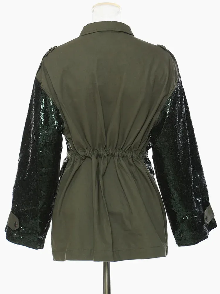 Pre Order:  Spliced Sequins Drawstring Waist Loose Jacket