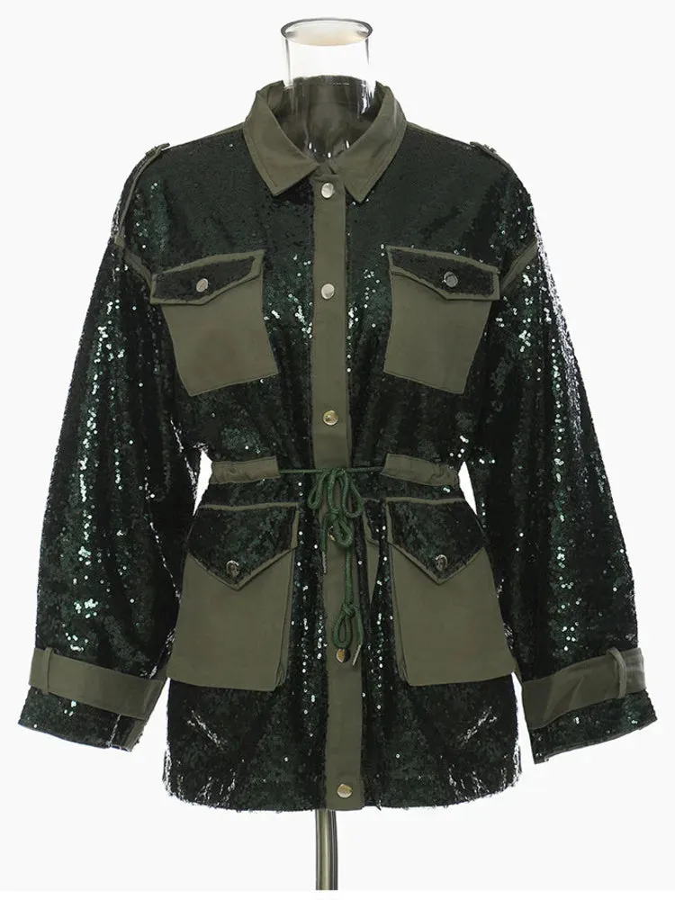 Pre Order:  Spliced Sequins Drawstring Waist Loose Jacket